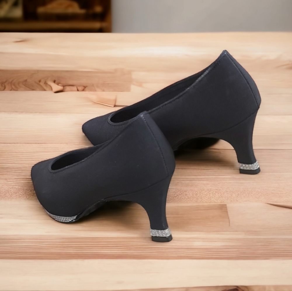 VINTAGE SAUGUS Black Neoprene Rhinestone Wrapped Heels 9 Wedding Pumps Shoes - Picture 9 of 15